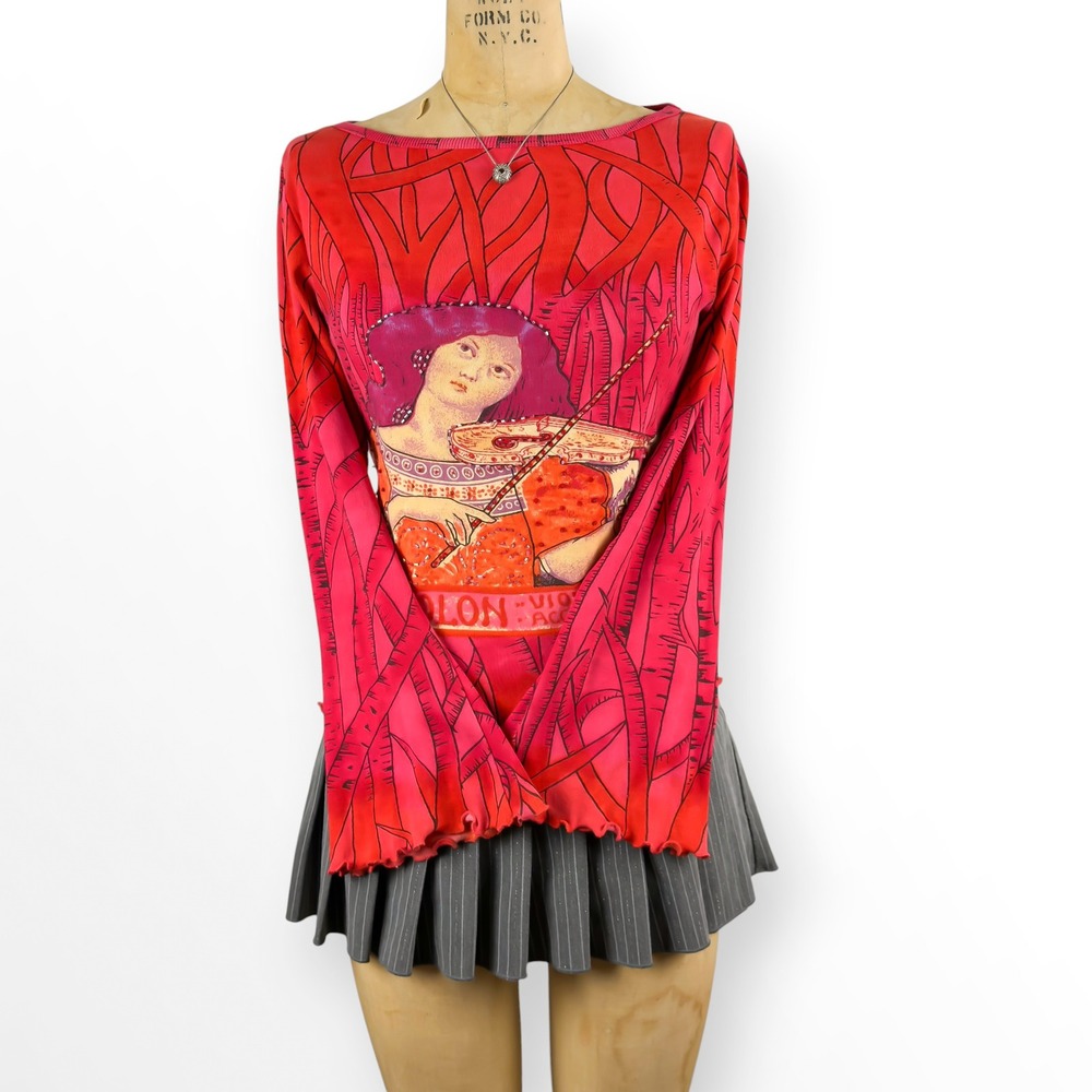 Y2K Maximalist Top Bell Sleeve Sequin Print Art Deco Eurocore Retro Size M